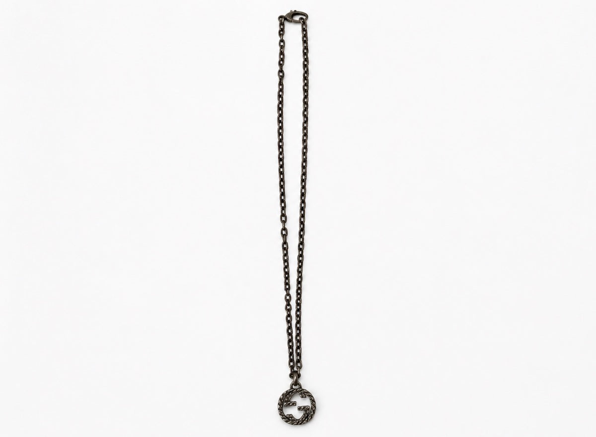 Gucci Signed Silver Cable Chain Necklace w/ Round GG Logo Charm