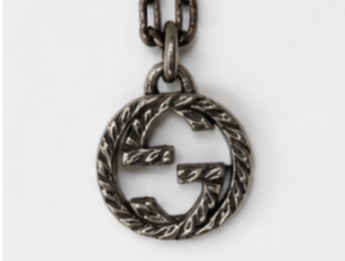 Gucci Signed Silver Cable Chain Necklace w/ Round GG Logo Charm